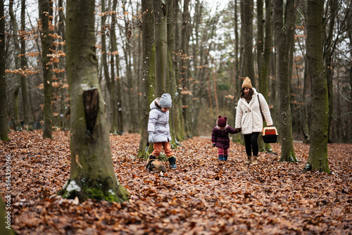 Mother and daughters walking with cat travel plastic cage carriage outdoor at wood.