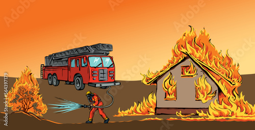 Vector drawing. Unreasonable work. A fireman puts out a bush instead of a house
