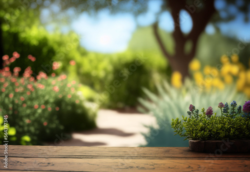 Wooden garden table with trees and flowers and blurred background. Generative AI,