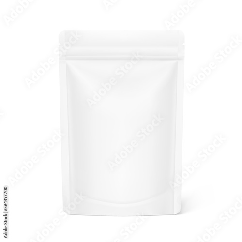 Blank stand up pouch bag with zipper mockup. Vector illustration isolated on white background. Front view. Realistic mockup will perfectly convey the benefits of your product. EPS10.	