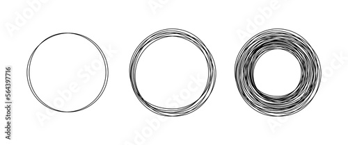 Continuous one line drawing of set black circles. Round frame sketch and speech bubble pen outline with empty space inside on white transparent background. Doodle vector illustration