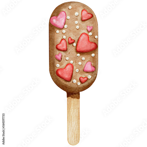 Watercolor Valentine's chocolate popsicle ice cream with pink and red hearts. Hand-drawn Valentine's sweets with transparent background PNG