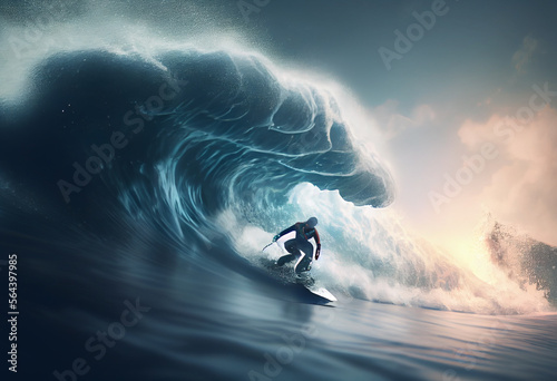  Silhouette eines Surfers im Sonnenuntergang auf einer gigantischen Welle im Meer - Generative Ai © Sarah