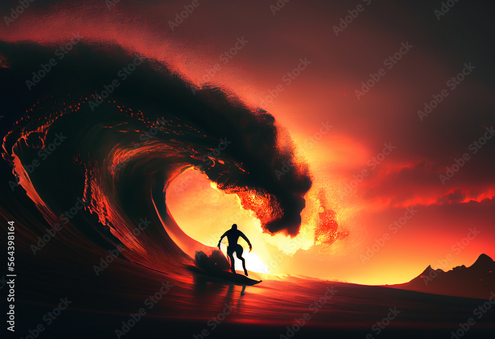 Fototapeta premium Silhouette eines Surfers im Sonnenuntergang auf einer gigantischen Welle im Meer - Generative Ai