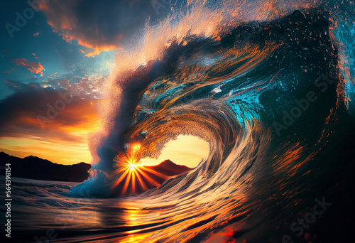 Welle im Meer mit wunderschönen Sonnenuntergang- Generative Ai