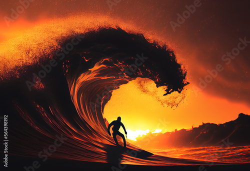  Silhouette eines Surfers im Sonnenuntergang auf einer gigantischen Welle im Meer - Generative Ai