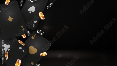 Black and gold falling casino playing cards with poker chips on black background