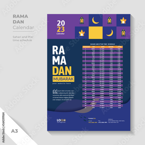 Creative Ramadan iftar schedule Calendar for 2023. Unique design background. photo