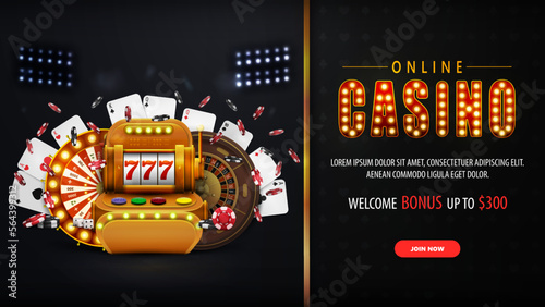 Online casino, black and gold horizontal banner with button, offer, slot machine, Casino Wheel Fortune, Roulette, falling poker chips and playing cards.