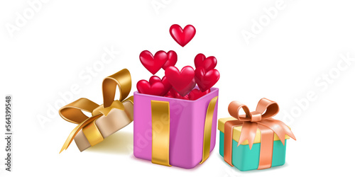 Valentine's Day illustration with colored gift boxes tied with ribbons with a bows, and a lot of red hearts flying out of open box, on white background