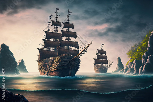 ai generative fantasy illustration of pirate ships in the ocean, in the background dramatic cloudy sky