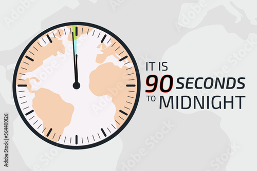 It is 90 seconds to midnight banner. Doomsday alarm poster. Doomsday clock. Symbol of global catastrophe, apocalypse sign. Flat vector illustration.