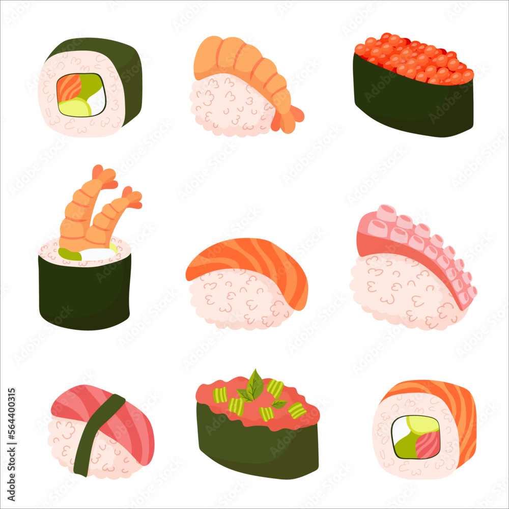 Set for sushi. Different types of sushi and rolls. Traditional Japanese