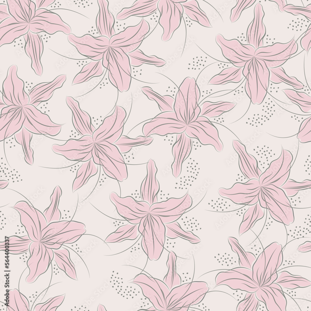 Jasmin flower seamless pattern with Dots. Pastel rose colors with gray outlines. Seamless pattern.