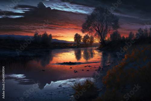 sunset over lake. Generatiev AI © Shades3d