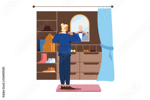 Flat man in wardrobe stand in front of mirror and choose butterfly tie. Male character in suit in pacious walk-in closet or dressing room. Clothes and accessories on wardrobe shelves.