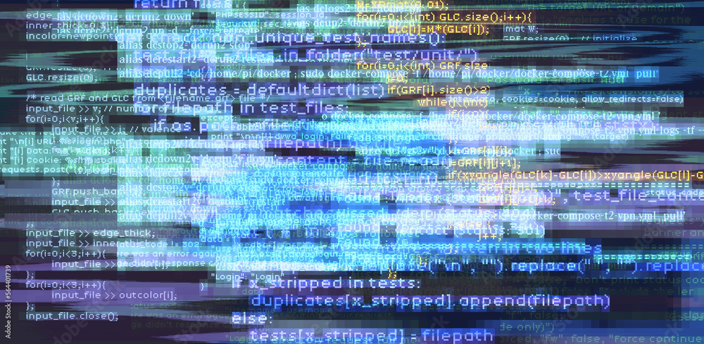 Abstract technology background with glitched code. Concept of a ...