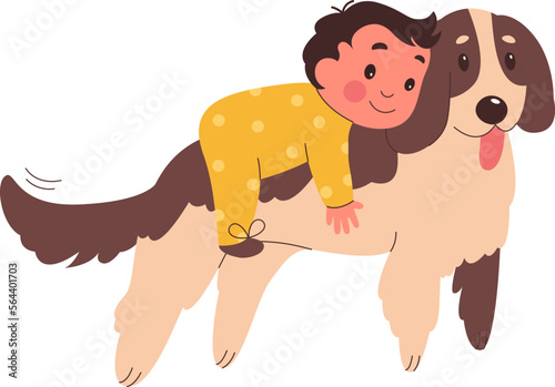 Happy cartoon baby cuddle dog flat icon
