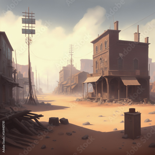 Western town, western street, an old wild west town with wooden buildings and sand road. Artificial intelligence and photoshop. 
