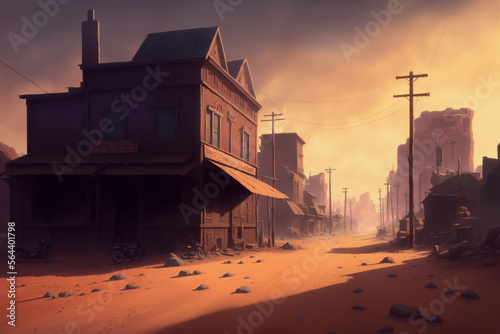 Western town, western street, an old wild west town with wooden buildings and sand road. Artificial intelligence and photoshop.  © png resources