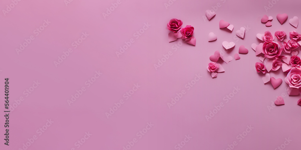 High-Resolution Image of Valentine's Day Hearts and Roses on a Pink Background with Copy Space, Showcasing the Love and Romance of the Holiday, Perfect for Adding a Touch of Love to any Design.