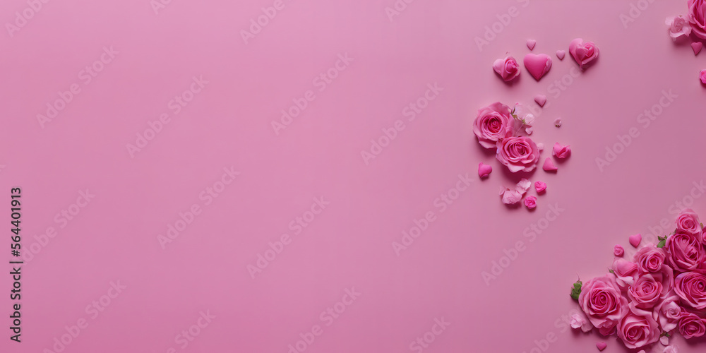 High-Resolution Image of Valentine's Day Hearts and Roses on a Pink Background with Copy Space, Showcasing the Love and Romance of the Holiday, Perfect for Adding a Touch of Love to any Design. High-Resolution Image of Valentine's Day Hearts and Roses on a Pink Background with Copy Space, Showcasing the Love and Romance of the Holiday, Perfect for Adding a Touch of Love to any Design.