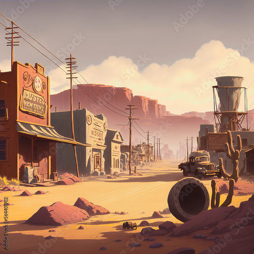 Western town, western street, an old wild west town with wooden buildings and sand road. Artificial intelligence and photoshop. 