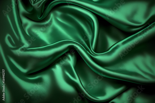 Green silk satin fabric background, silky cloth curtain texture