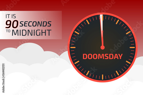 It is 90 seconds to midnight banner. Doomsday alarm poster. Doomsday clock. Symbol of global catastrophe, apocalypse sign. Flat vector illustration.