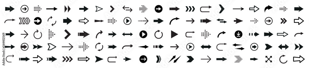 Arrows set of 100 black icons. Arrow icons set on white background. Modern simple arrows. Arrow icon. Cursor icon. Vector illustration. Arrows set of 100 black icons. Arrow icons set on white background. Modern simple arrows. Arrow icon. Cursor icon. Vector illustration.