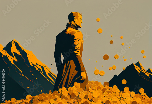 Fotografie, Tablou Golden mountains and silhouette of man, owner of great wealth