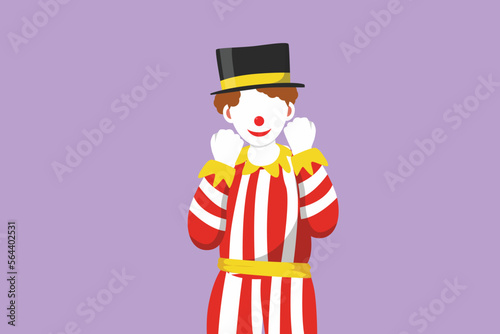 Character flat drawing happy male clown standing with celebrate gesture wearing hat and smiling face makeup. Entertain children kid at birthday party or circus show. Cartoon design vector illustration © onetime