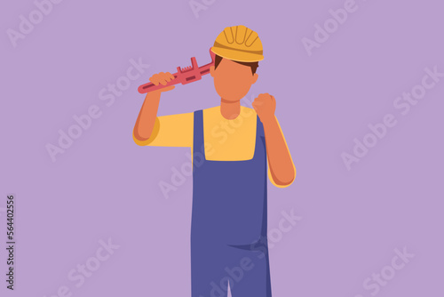 Character flat drawing male plumber holding monkey wrench and wear helmet with celebrate gesture, ready to work on repairing leaking drain in sink and houses drains. Cartoon design vector illustration