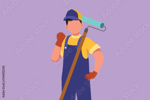 Cartoon flat style drawing handyman holding long paintbrush roll with celebrate gesture ready to work on painting wall, renovation, repairing damaged part of house. Graphic design vector illustration