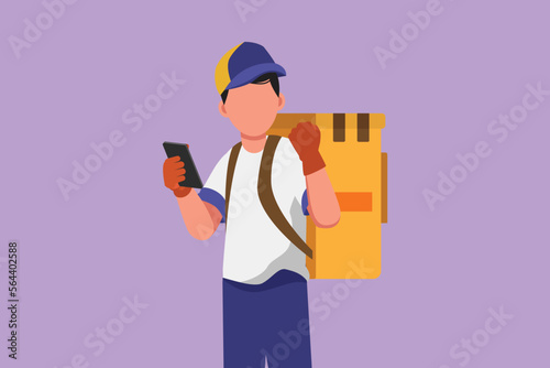 Character flat drawing deliveryman holding smartphone for finding address with celebrate gesture and carry package box to be delivered to customer with best service. Cartoon design vector illustration