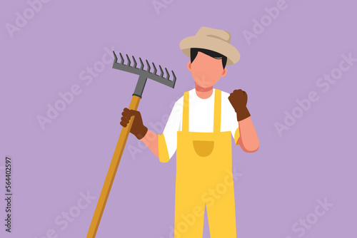 Graphic flat design drawing farmer holding rake with celebrate gesture and wearing straw hat to working on farm at harvest time. Countryside or rural living people. Cartoon style vector illustration