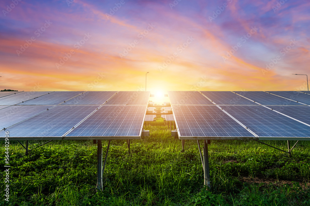 Photovoltaic modules solar power plant on dramatic sunset sky background,clean Alternative power energy concept.