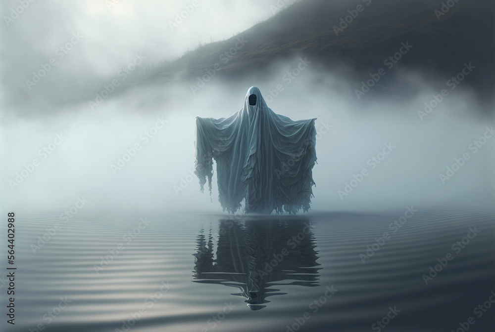 Ghost hovering over the water on a foggy morning, ghost in white shroud, generative AI