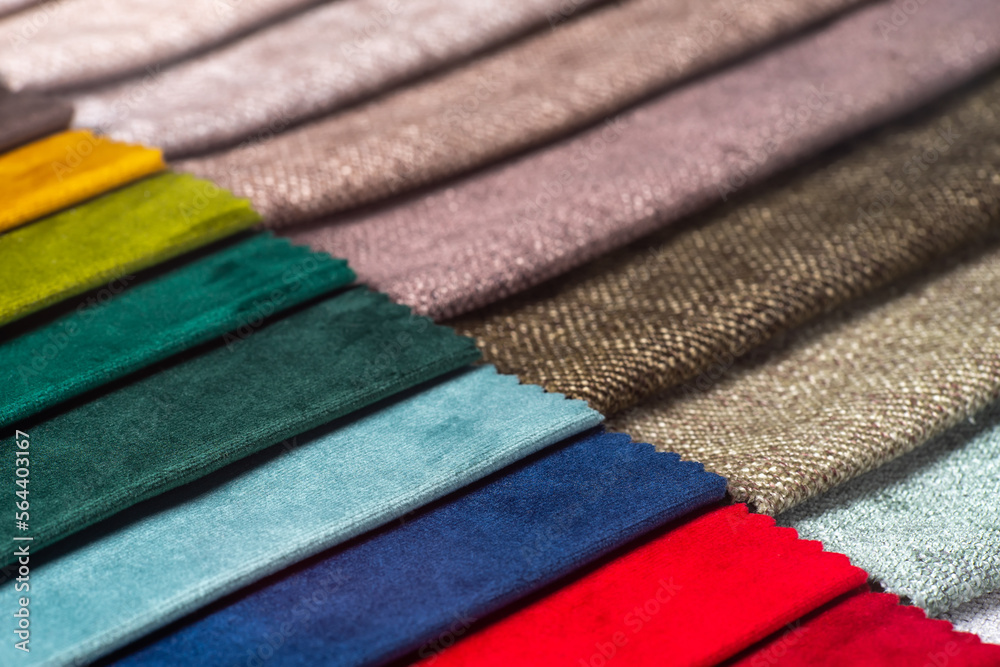 Bright collection of colorful textile samples. Fabric swatches, set in