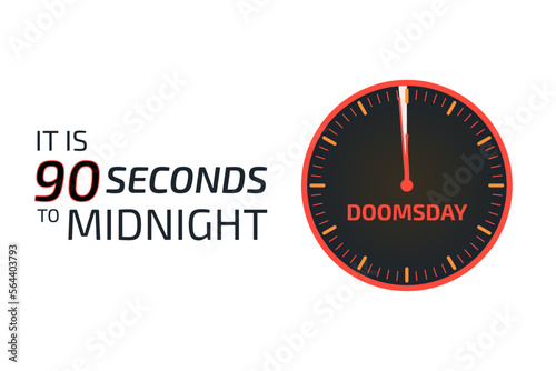 It is 90 seconds to the midnight banner. Doomsday alarm poster. Doomsday clock. Symbol of global catastrophe, apocalypse sign. Flat vector illustration.