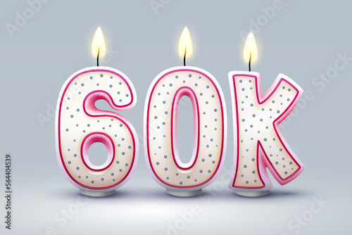 60k followers of online users, congratulatory candles in the form of numbers. Vector