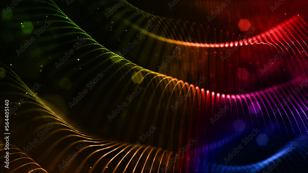 abstract sci-fi background with glow particles form curved lines, surfaces, hologram structures or virtual digital space. Motion design background with gradient color. Blue red green. abstract sci-fi background with glow particles form curved lines, surfaces, hologram structures or virtual digital space. Motion design background with gradient color. Blue red green.