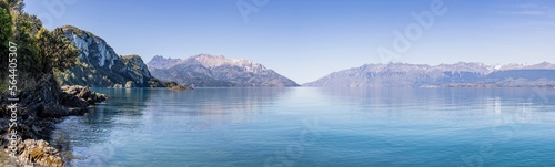 Panorama of Lago General Carrera near Puerto Rio Tranquilo with the famous Marble Caves on a calm and sunny afternoon in southern Chile
