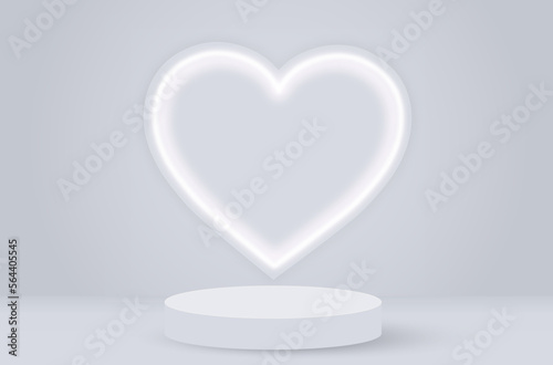 stage podium decoration with heart shape neon lighting. Pedestal scene with for product display on white background. Valentine's day background. Minimal style. Vector illustration.
