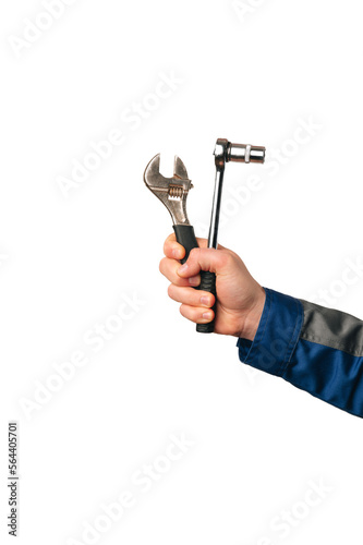 Male hand wearing blue uniform holds plumbing tools like water pump plier.