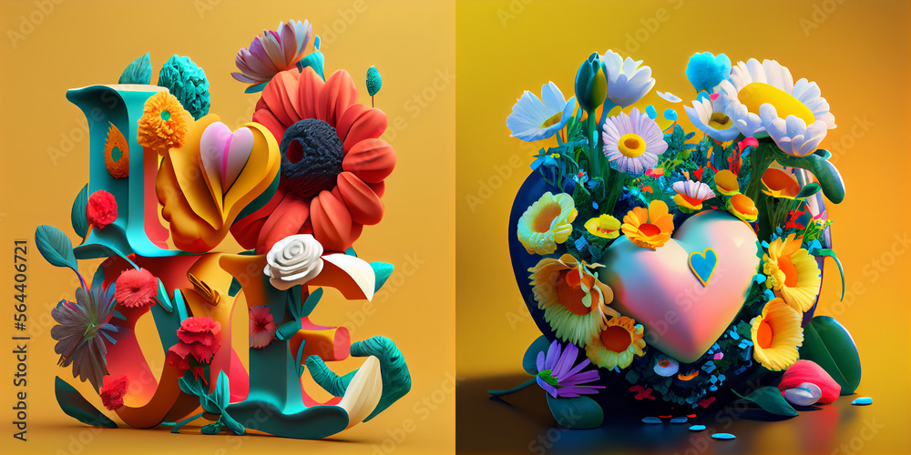 Valentine's day colorful card design illustration. Isolated composition of beautiful rendered flowers, collection