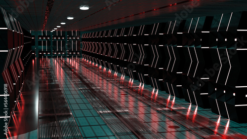 Sci-fi server room corridor. Technology and databases. 3d rendering.