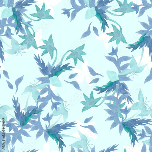 Blue pastel watercolor flowers repeat pattern digital paper