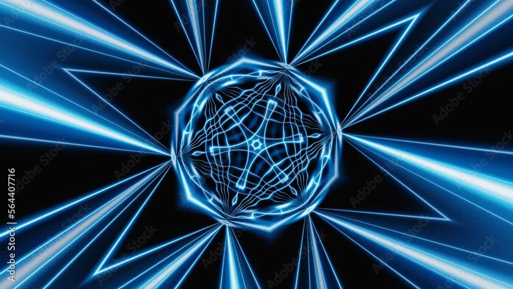 Abstract rotating multi polygonal neon blue figure with rays vj loop animation