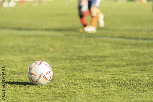 soccer ball stop in grass stadium player difocused background